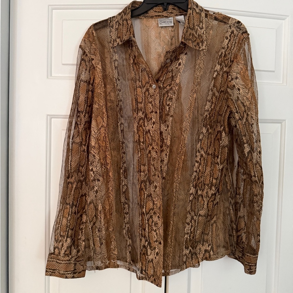 Chico's Sheer Snake-Print Button Front Shirt in Brown and Tan size large/2